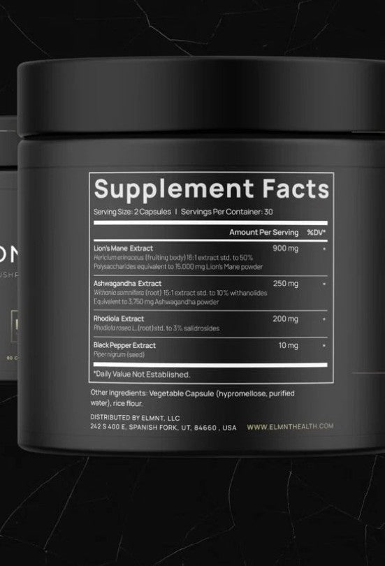 TERRA ELMNT Supplement Facts panel: Lion's Mane extract 900 mg, ashwagandha extract 250 mg, rhodiola extract 200 mg, black pepper extract 10 mg — every dose printed