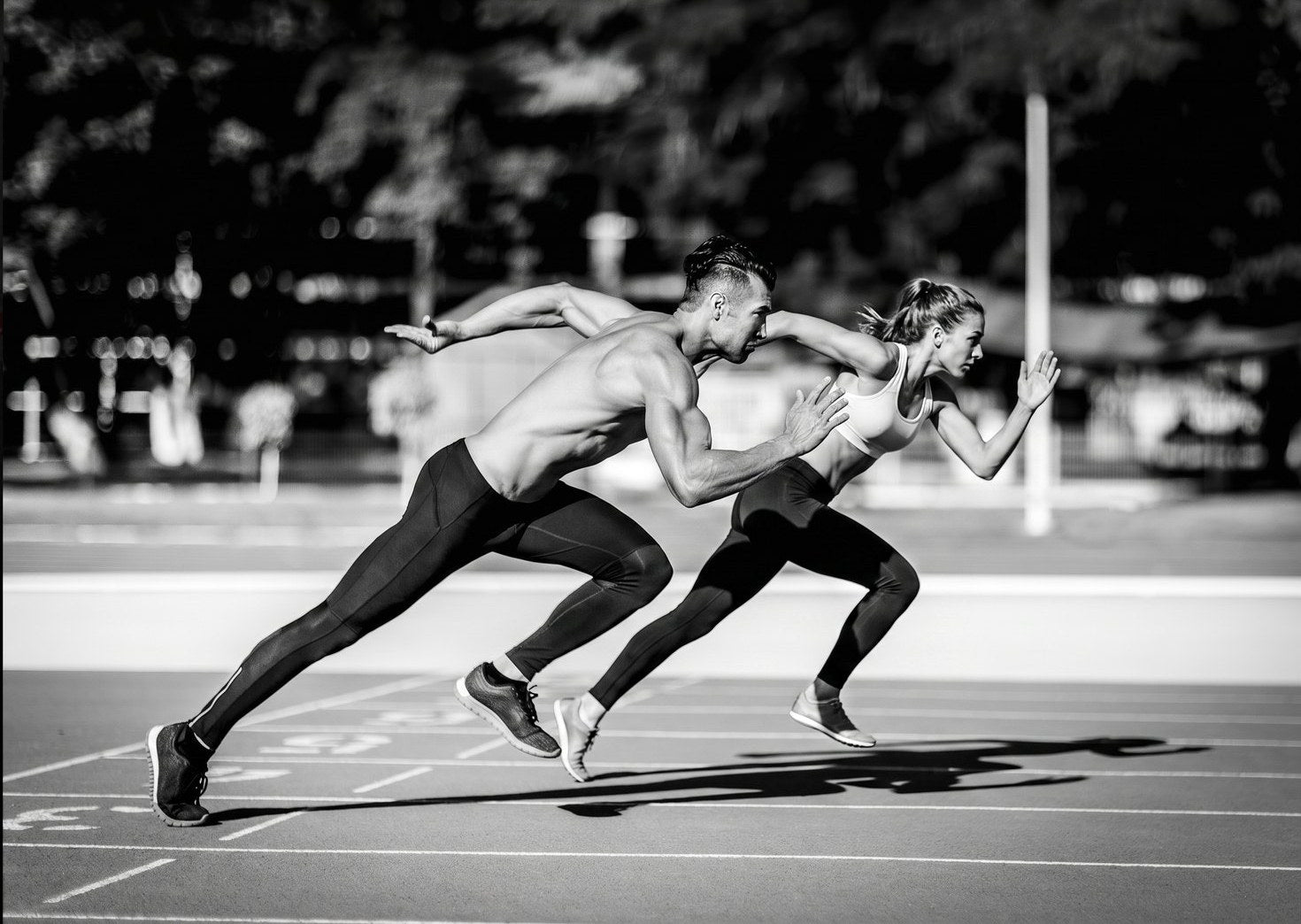 Two athletes sprinting from the blocks