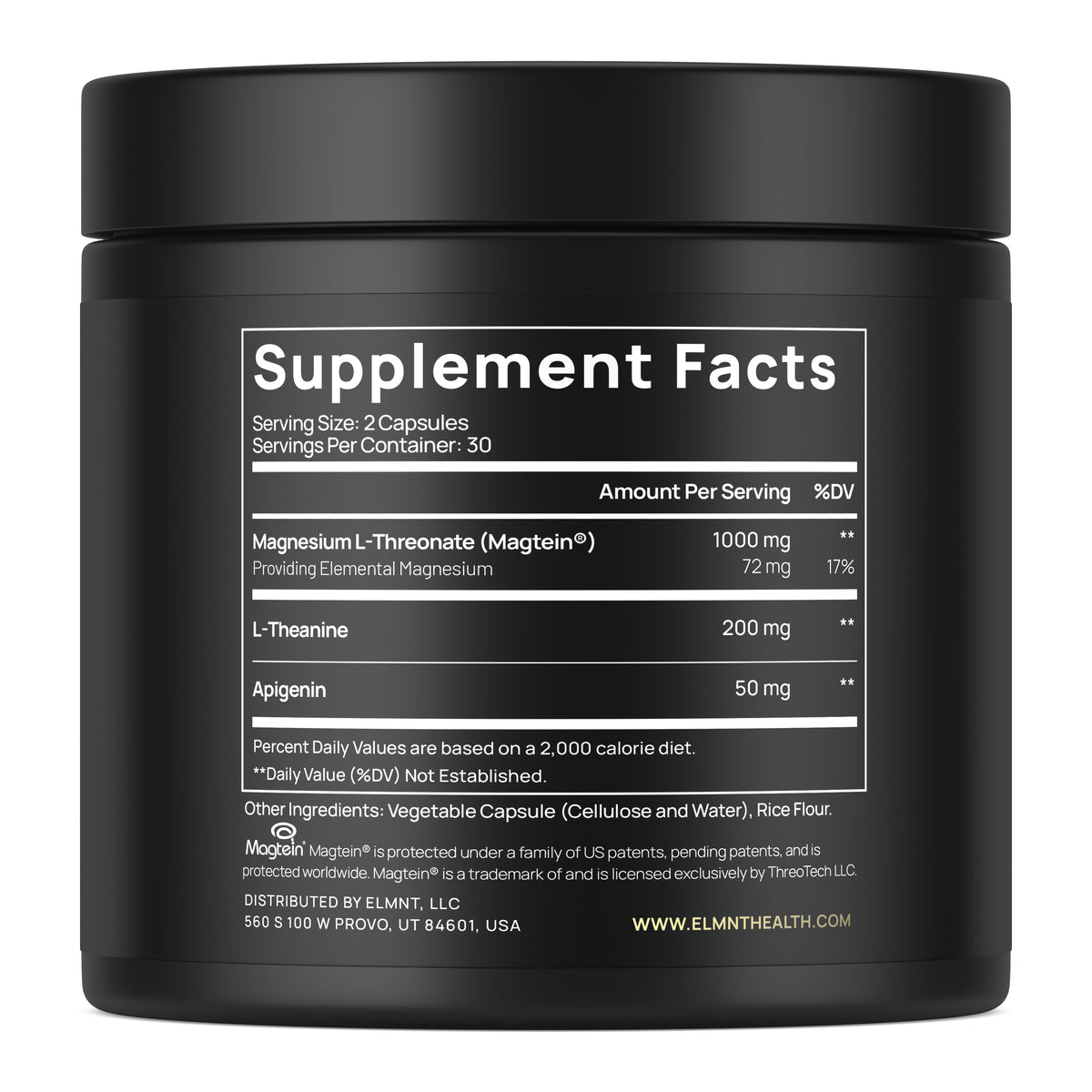 Triple Sleep Magnesium Supplement Facts: magnesium L-threonate (Magtein) 1,000 mg providing 72 mg elemental magnesium, L-theanine 200 mg, apigenin 50 mg
