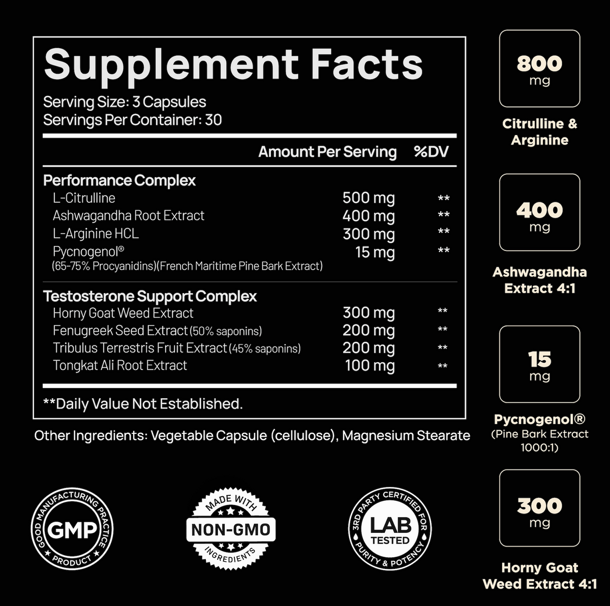 Testosterone Booster Supplement Facts: L-citrulline 500 mg, ashwagandha 400 mg, L-arginine 300 mg, pycnogenol 15 mg, horny goat weed 300 mg, fenugreek 200 mg, tribulus 200 mg, tongkat ali 100 mg